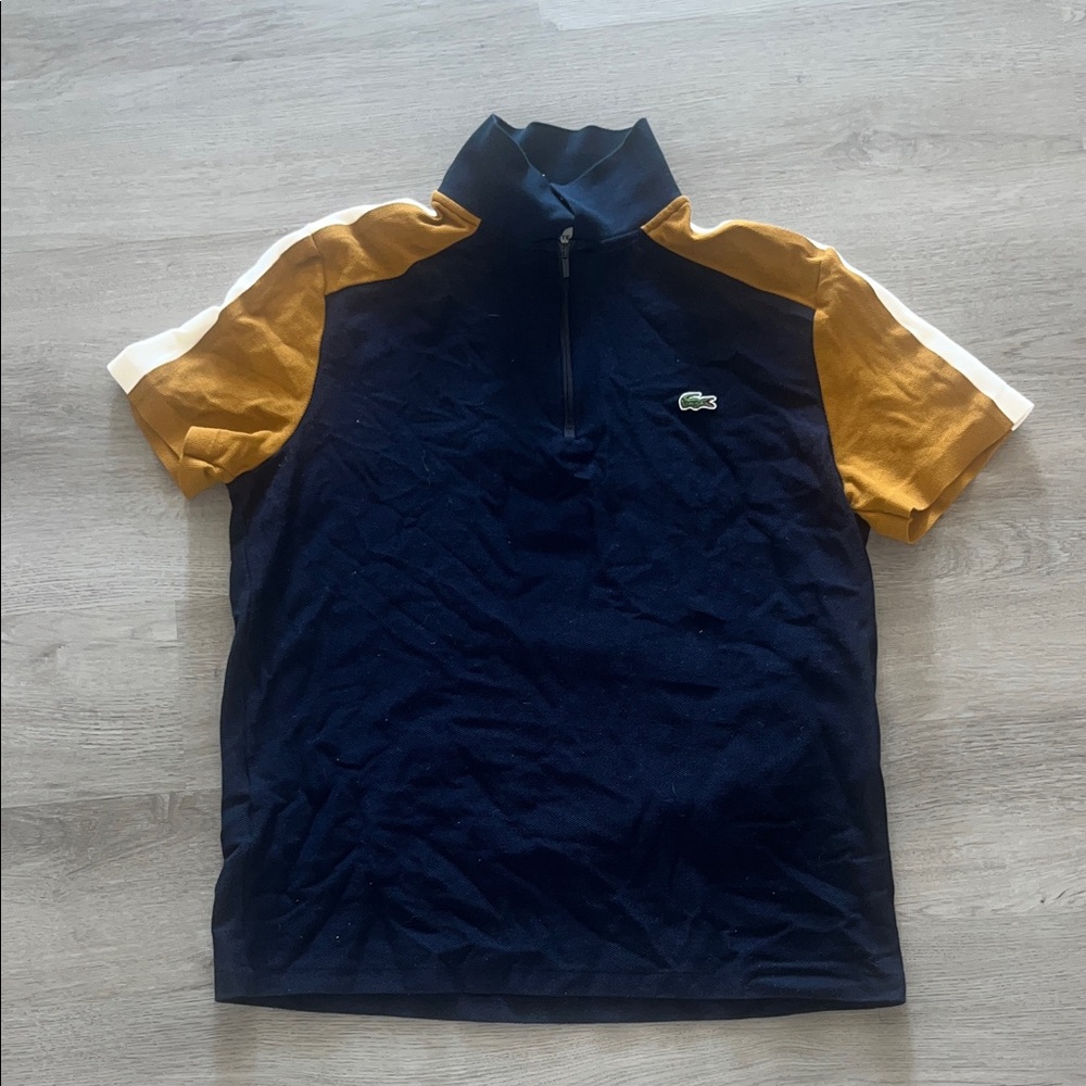 Lacoste Kids Navy Polo with Mustard Sleeves & White Stripe